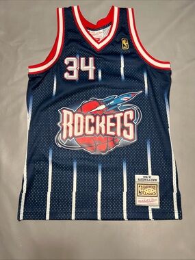 Mitchell & Ness Navy Rockets #34 Hardwood Classics Jersey with Red & White Trim